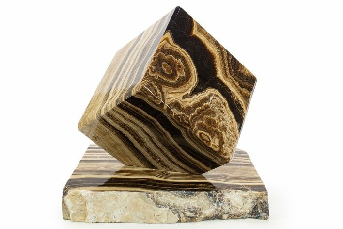 Swirling Polished Chocolate Calcite Cube w/ Base - Pakistan #334976